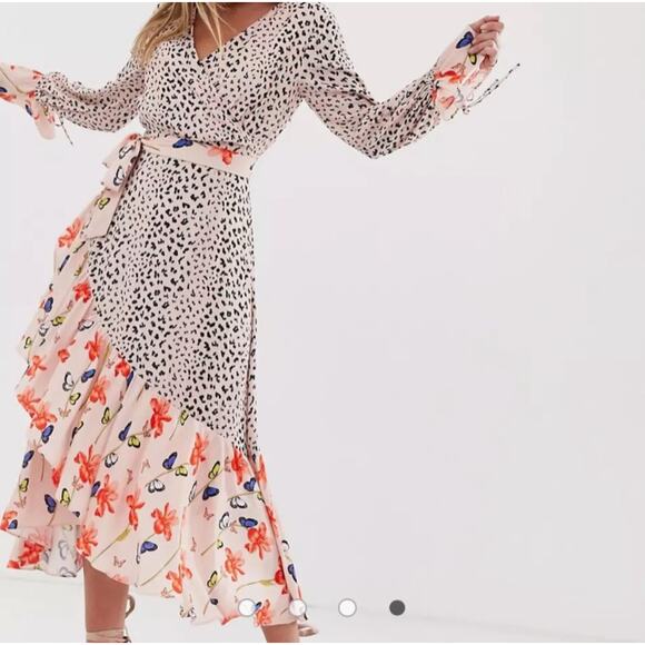 Dark Pink Butterfly Ruffle Pink Black Cheetah Floral Pink Midi Dress 12 NWT $103 - Picture 1 of 16